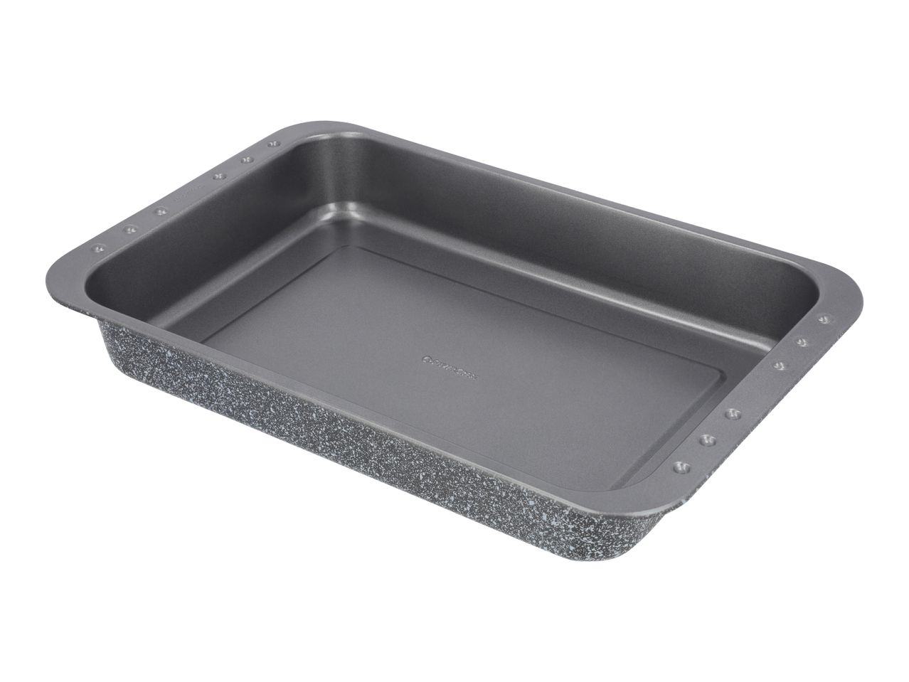 Rectangular baking tray with a speckled exterior and a smooth interior.