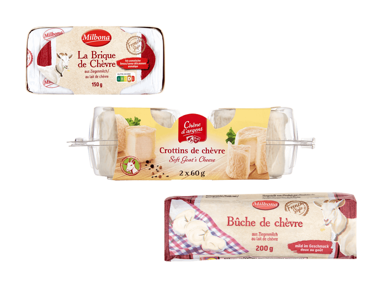 Drei Packungen Ziegenkäse, darunter ein Brique, Crottins und eine Bûche.