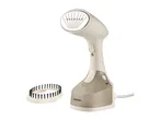 A white handheld garment steamer with a transparent water tank and a brush attachment.