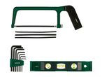 A set of hand tools including a hacksaw with spare blades, a spirit level, and hex keys.