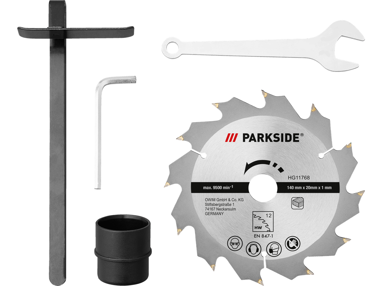 Conjunto de acessórios para serra circular, incluindo lâmina de serra, chave e chave hexagonal.