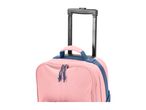 Pink rolling duffel bag with blue straps and an extended black telescopic handle.