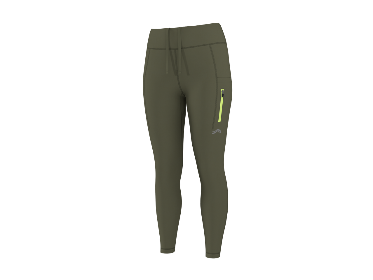 Olive green women's athletic leggings with a drawstring waist, side pocket with a neon yellow zipper, and a reflective logo.