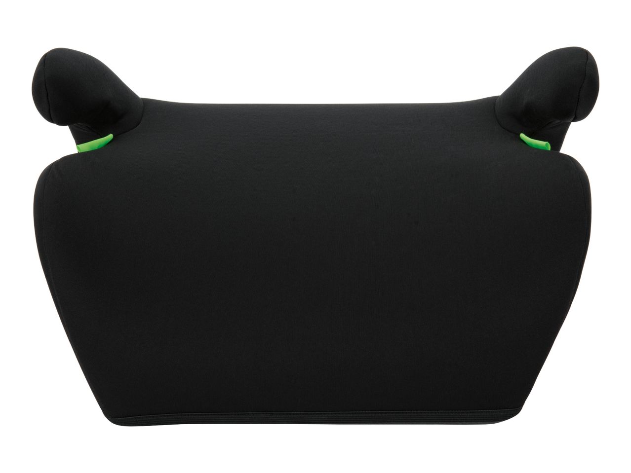 Black car booster seat with green belt guides