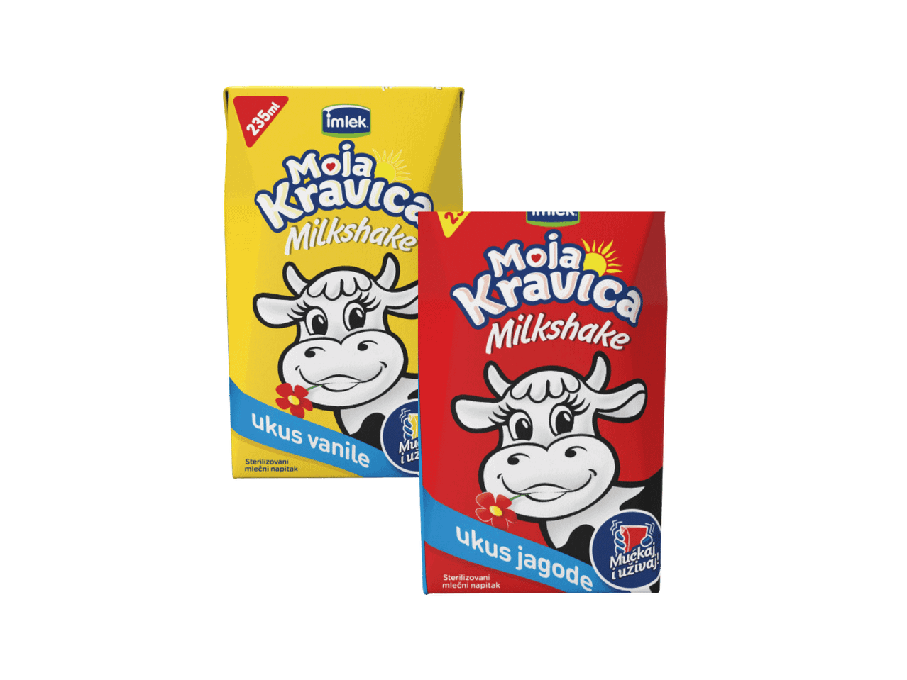 Dva pakovanja mlečnog šejka, jedno sa ukusom vanile, a drugo sa ukusom jagode.