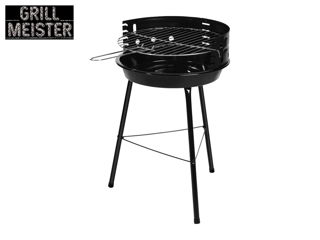 Black charcoal grill with a round basin and a chrome-plated cooking grate on three legs.