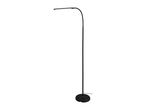 Black LED floor lamp with a curved neck and round base