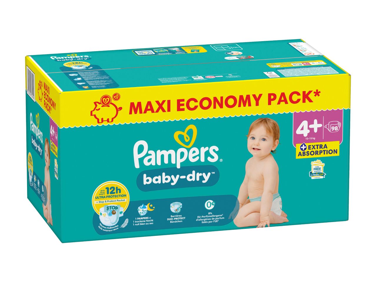 Maxi-Sparpack Pampers Baby-Dry Windeln, Größe 4+ (10-15 kg), 98 Stück.