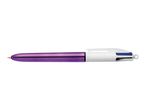 A purple multi-color ballpoint pen with a white top and blue button.