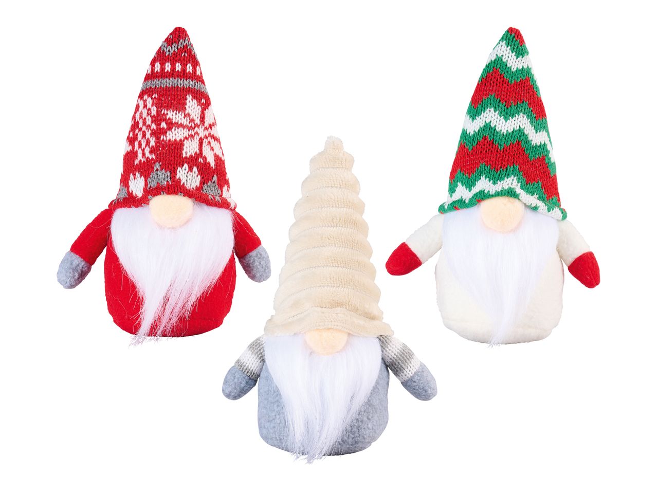 Drei Weihnachtswichtel mit langen Bärten und bunten Mützen