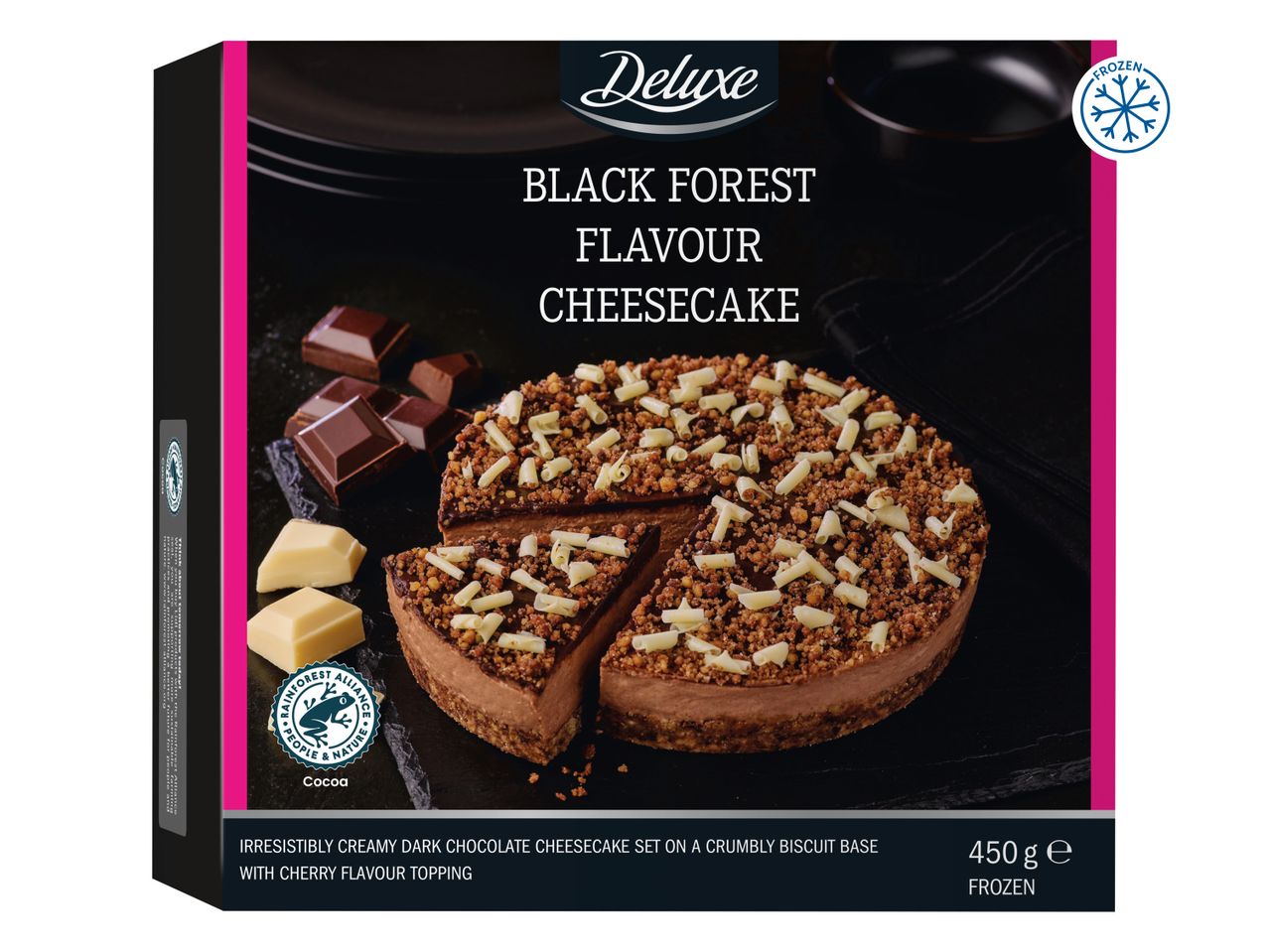 Black Forest flavour cheesecake with chocolate pieces and a frozen label.