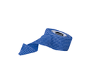Sensiplast blue elastic bandage roll with white stripes, partially unrolled.