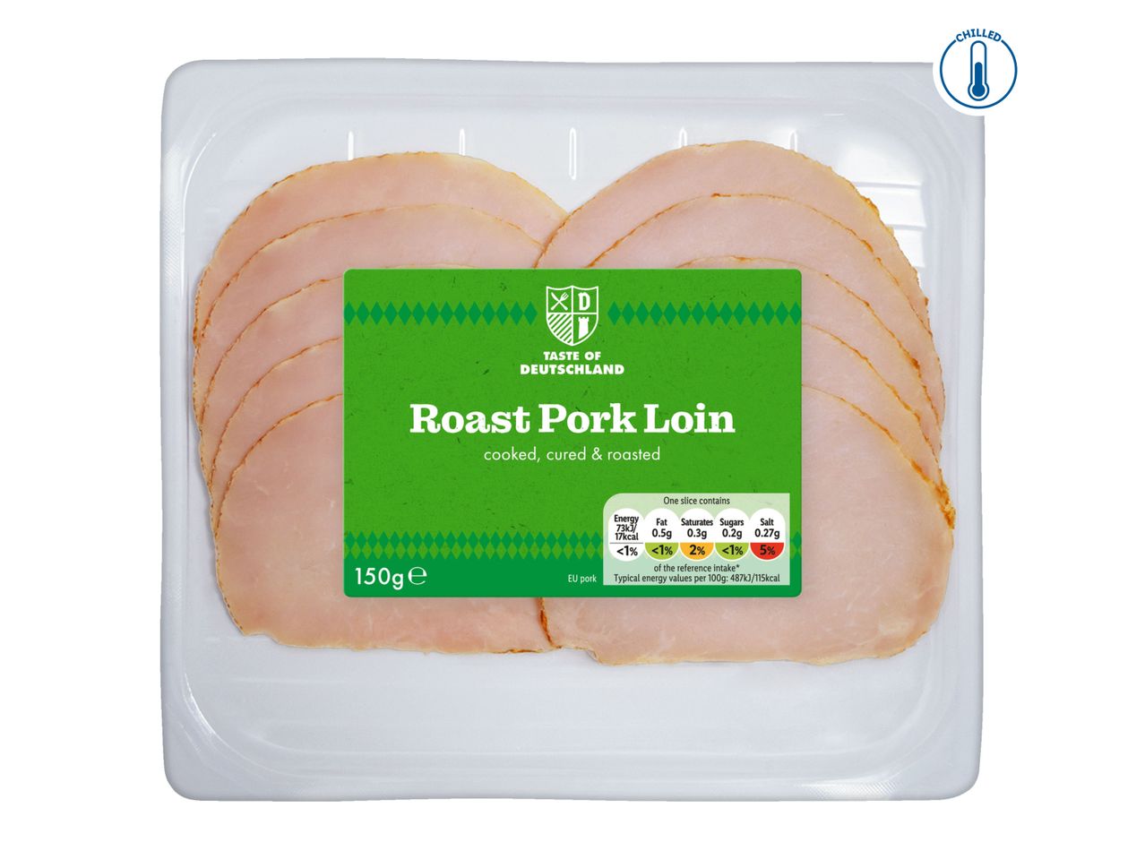 Packaged sliced roast pork loin with a green label and nutritional information.