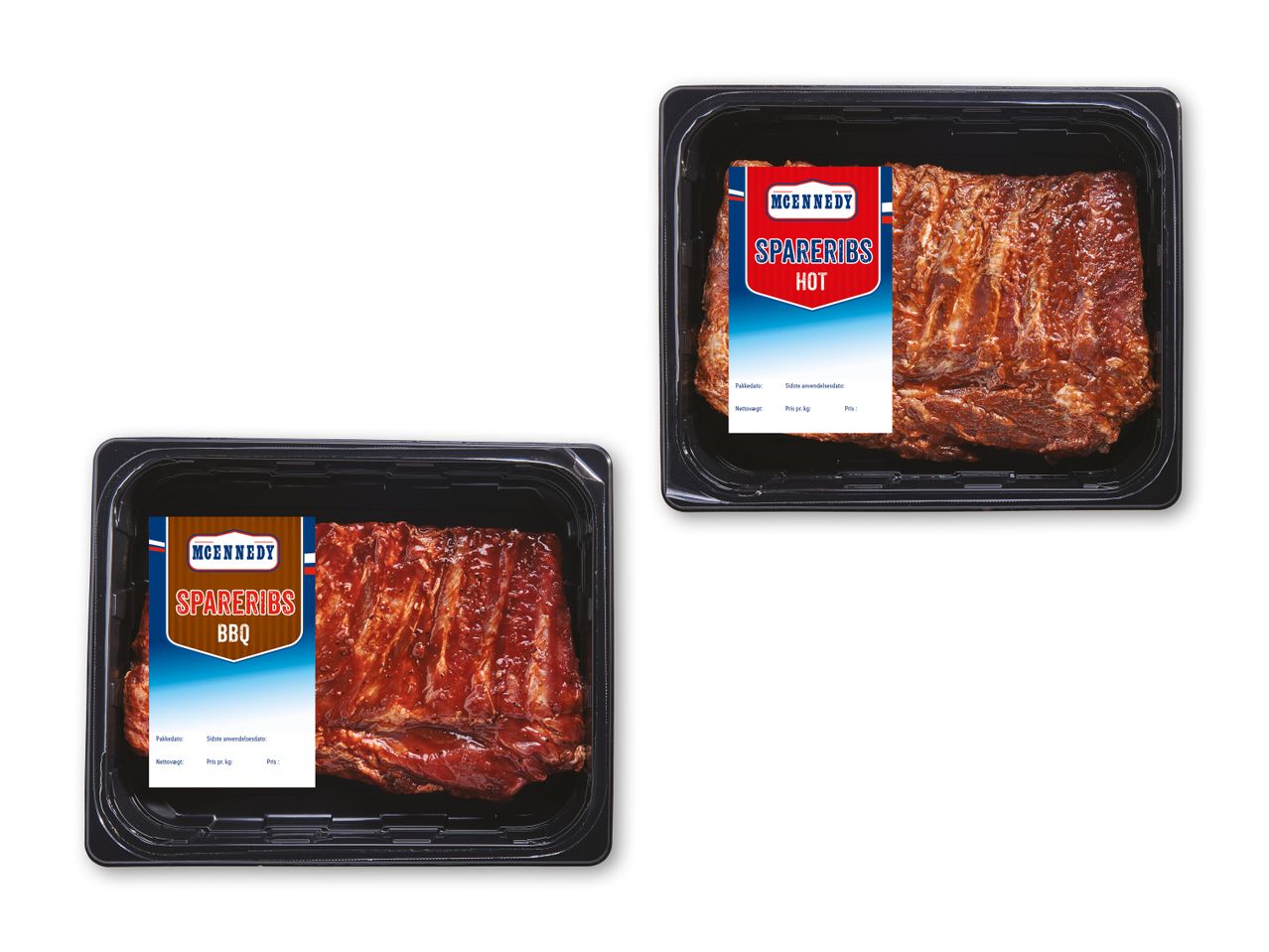 To pakker spareribs, en med BBQ-smag og en med hot smag.