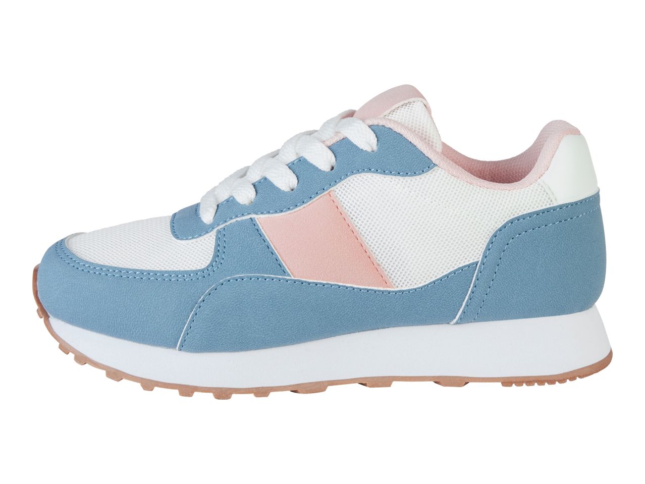 A side view of a pastel blue, white, and pink women's sneaker.