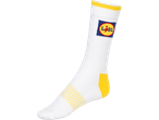 White sock with yellow stripes and heel, featuring a blue and yellow logo.