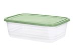 Rectangular transparent food storage container with a light green lid.
