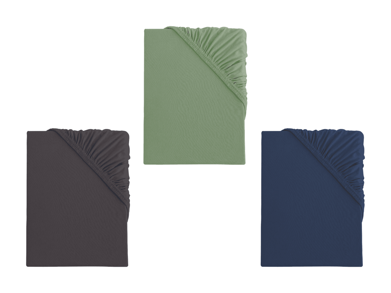 Trois draps-housses pliés en vert, gris et bleu.