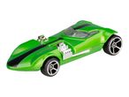 A green Hot Wheels toy car with a black stripe and exposed engine.