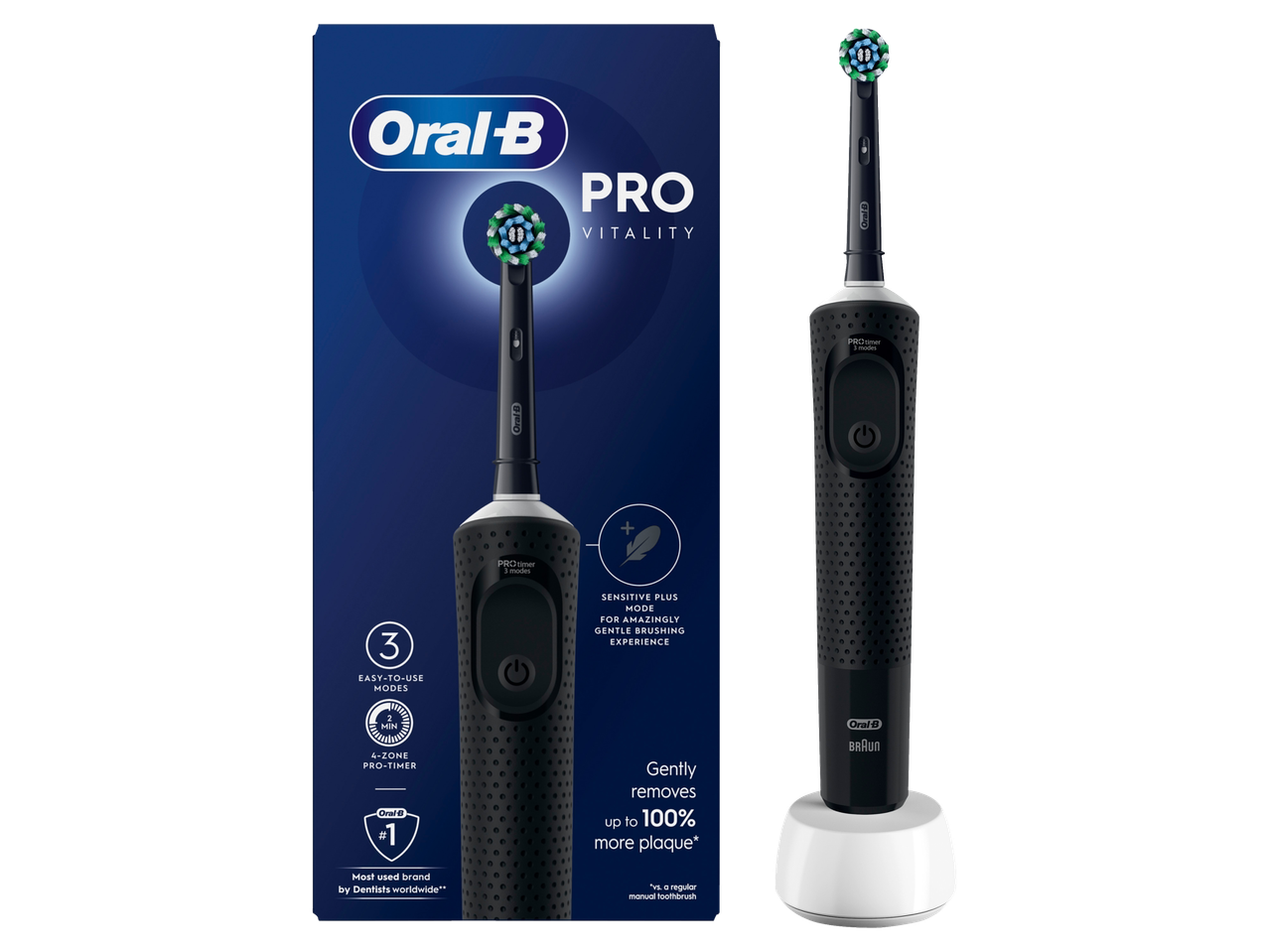 Oral-B Pro Vitality elektromos fogkefe 3 üzemmóddal és töltőállvánnyal.