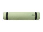 Rolled-up light green yoga mat with a textured surface and black elastic straps.