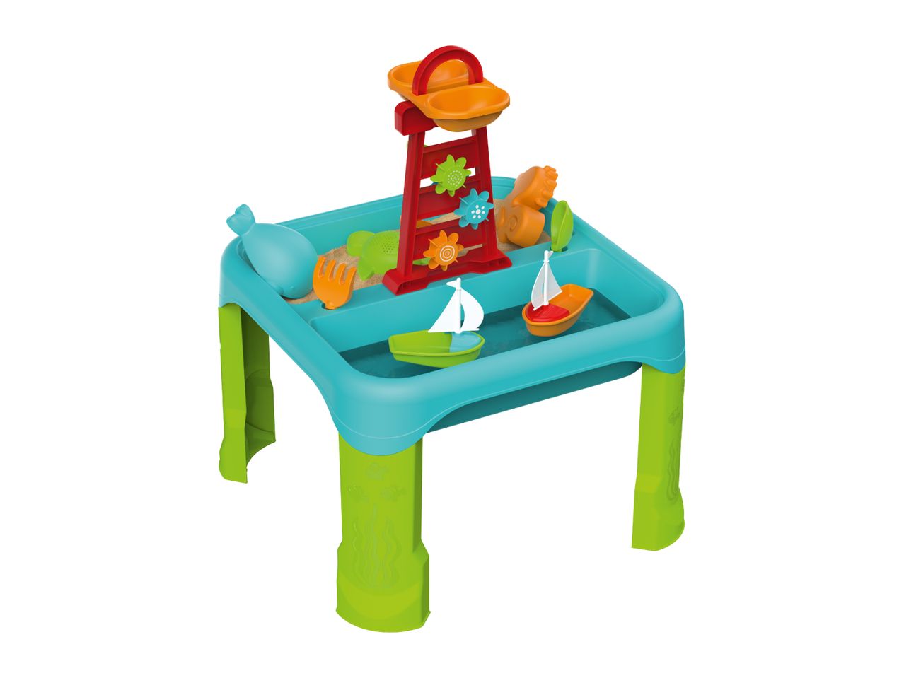 Colorful sand and water play table with boats, sand molds, and a water mill.