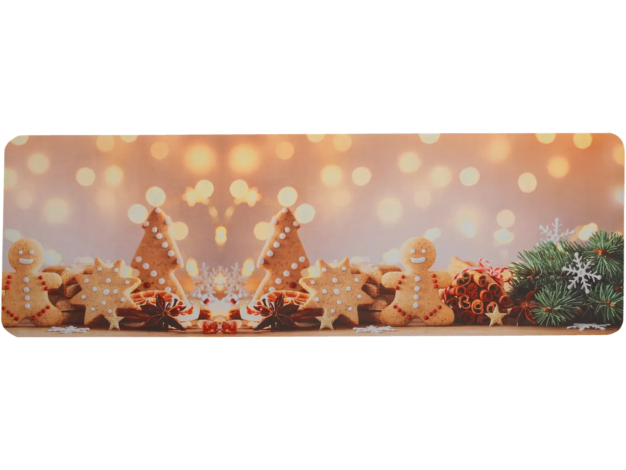 LIVARNO home virtuves celiņš ar Ziemassvētku cepumiem un dekorācijām uz izplūdušu gaismu fona.