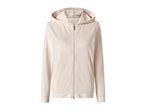 A light beige zip-up hoodie with a hood, made of a soft, possibly velvet or fleece material.
