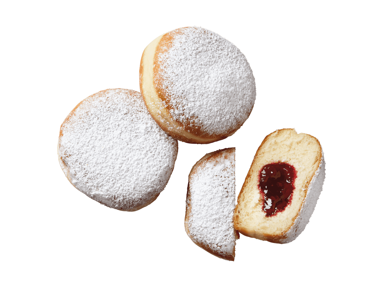Berliner mit Puderzucker und Himbeermarmeladenfüllung.