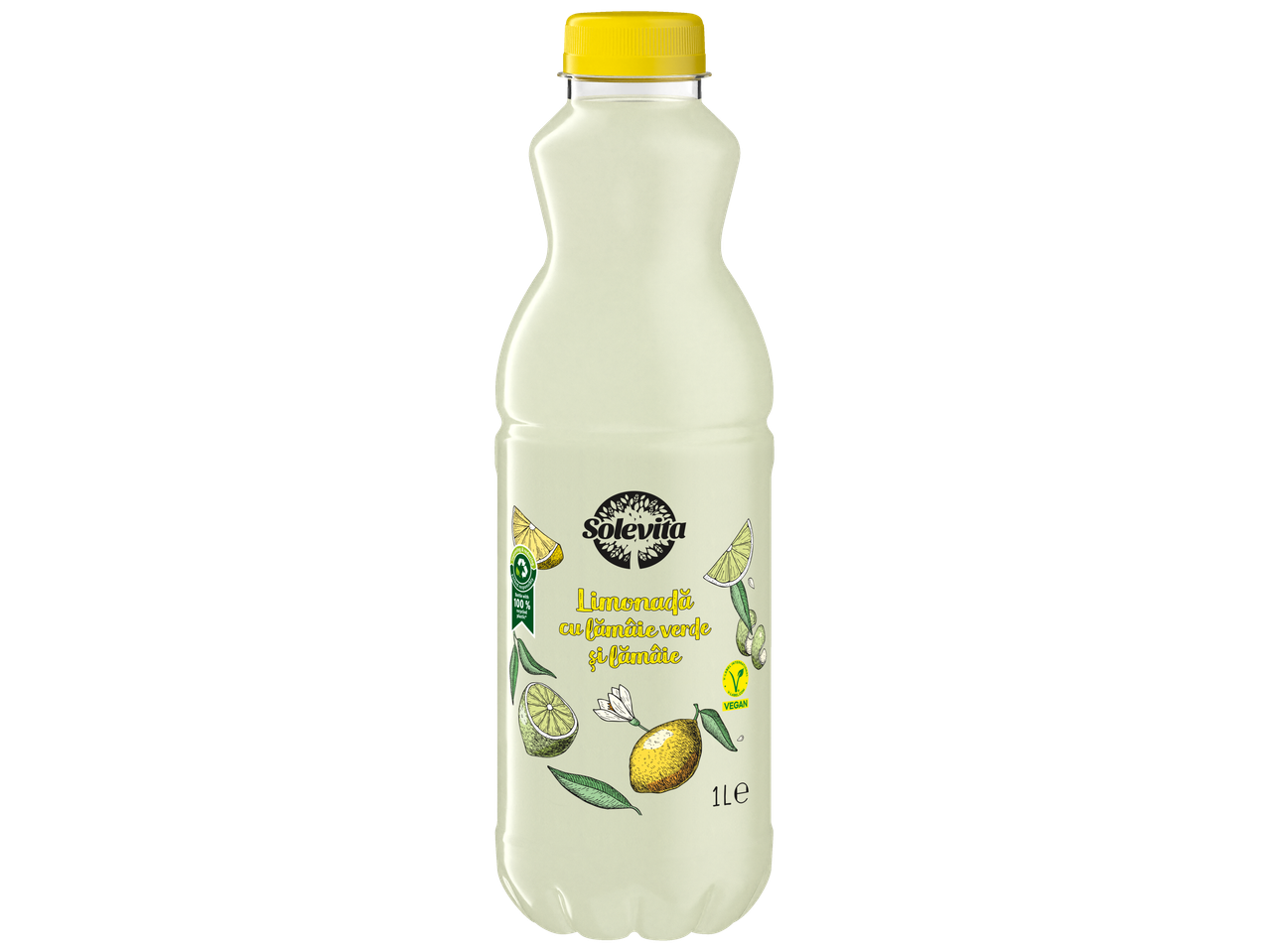 Solevita Limonadă cu lămâie verde și lămâie într-o sticlă de 1L.