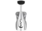 Silver-colored corkscrew with a black handle and a visible worm