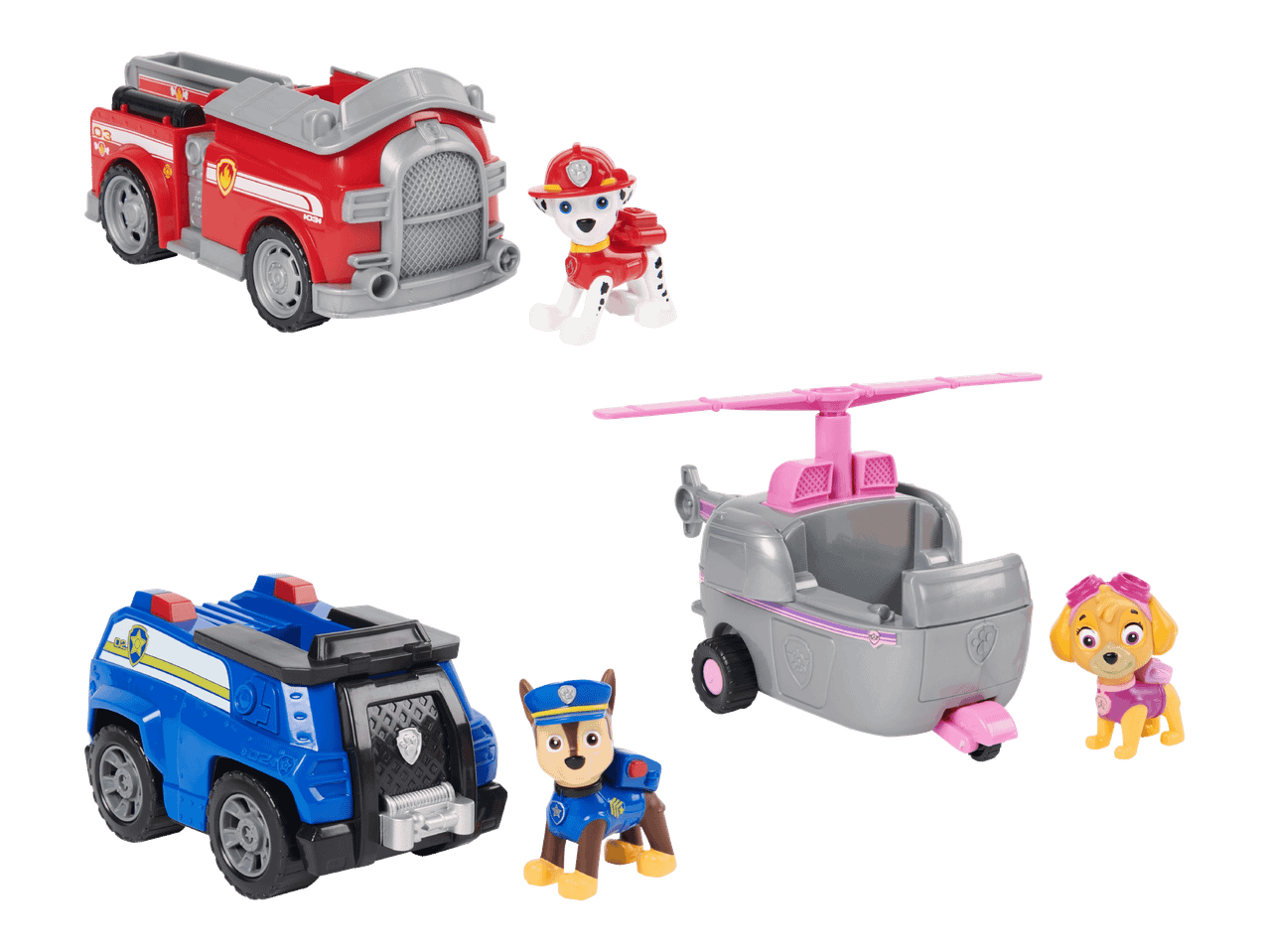 Ryhmä Hau -lelut: paloauto ja Marshall, poliisiauto ja Chase, helikopteri ja Skye.