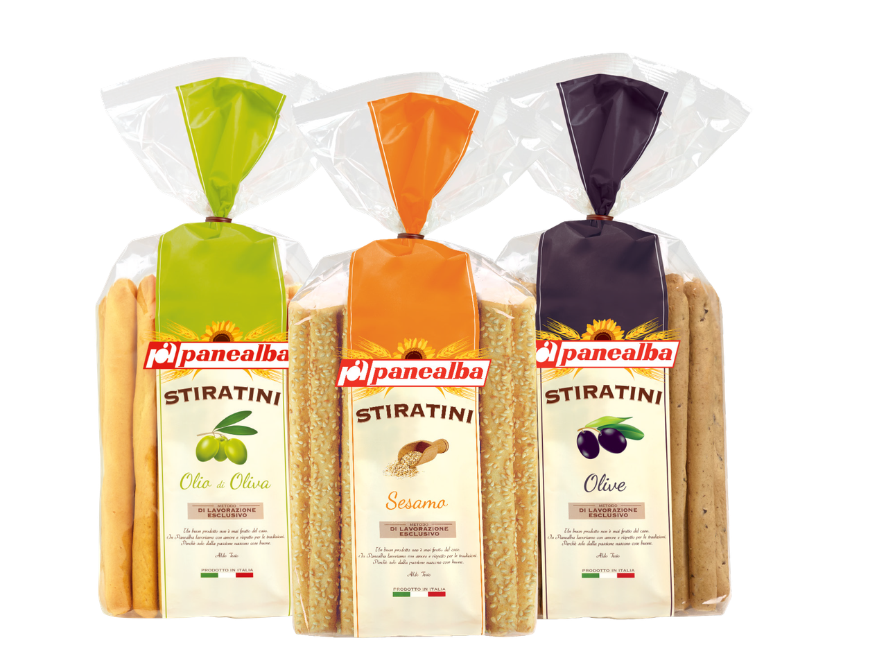 Three Panealba Stiratini breadsticks in olive oil, sesame, and olive flavors.