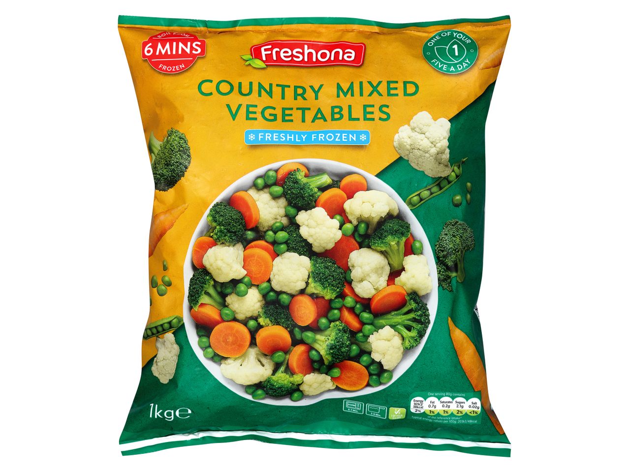 Freshoma frozen mixed vegetables: broccoli, cauliflower, and carrots.