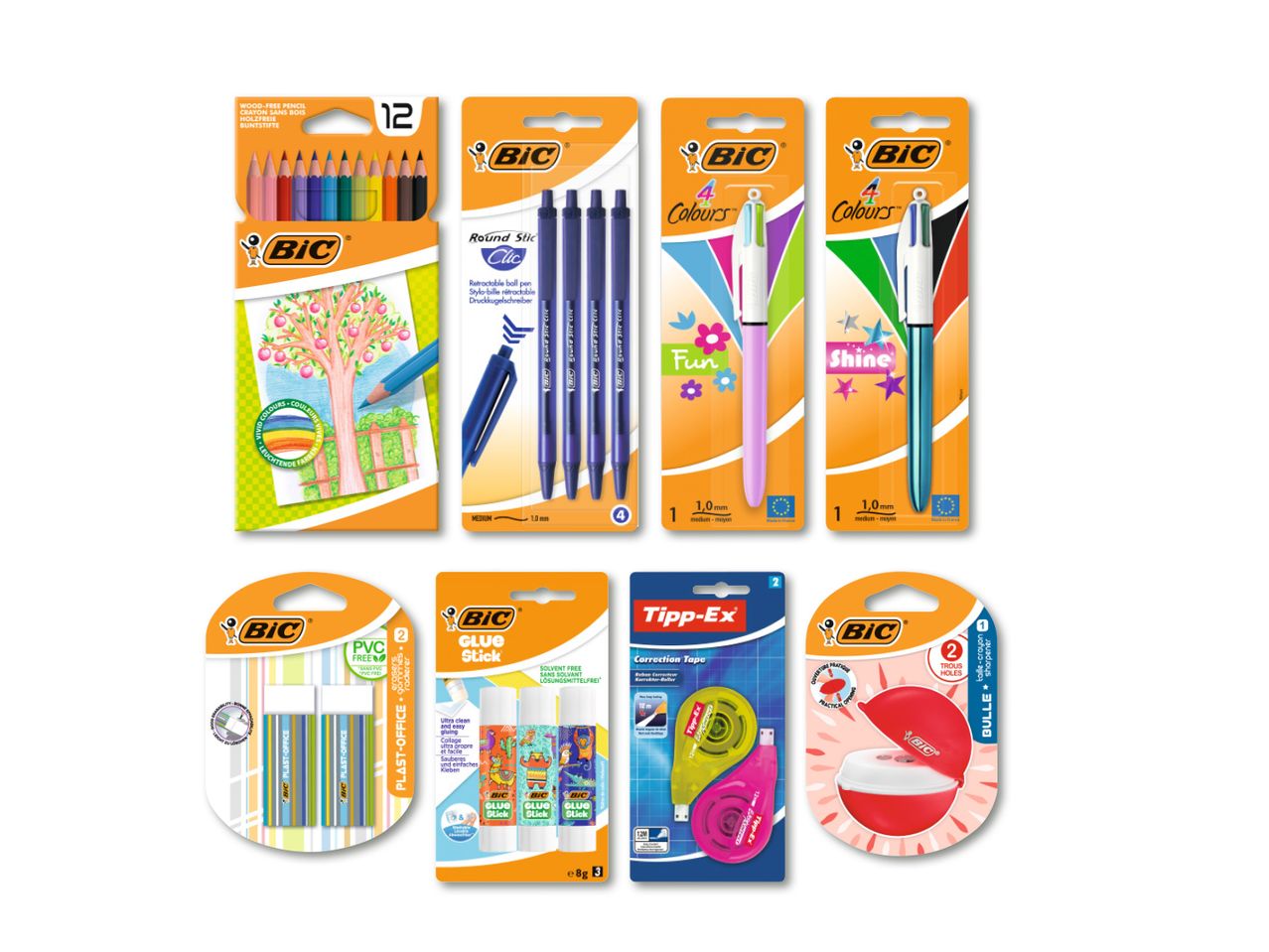 BIC zīmuļu, pildspalvu, līmes un citu rakstāmpiederumu komplekts.