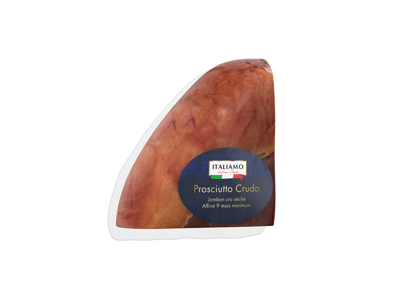 Jambon cru séché, affiné 9 mois minimum, dans un emballage sous vide.