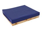 Blue sandbox cover on a wooden sandbox frame