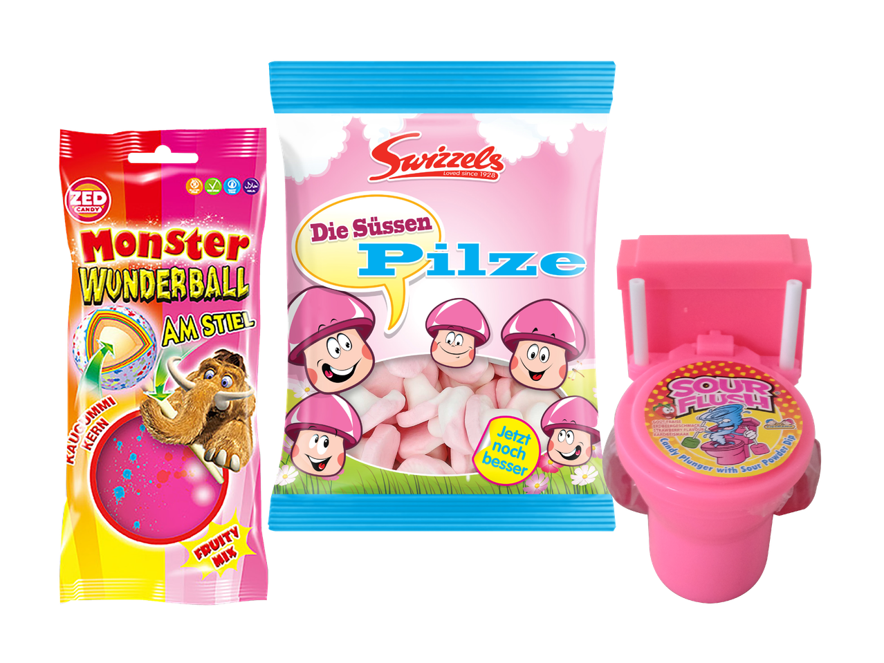 Süßigkeiten-Trio: Monster-Kaugummi, Seidenz Pilze und eine lustige Toiletten-Spielzeugdose.