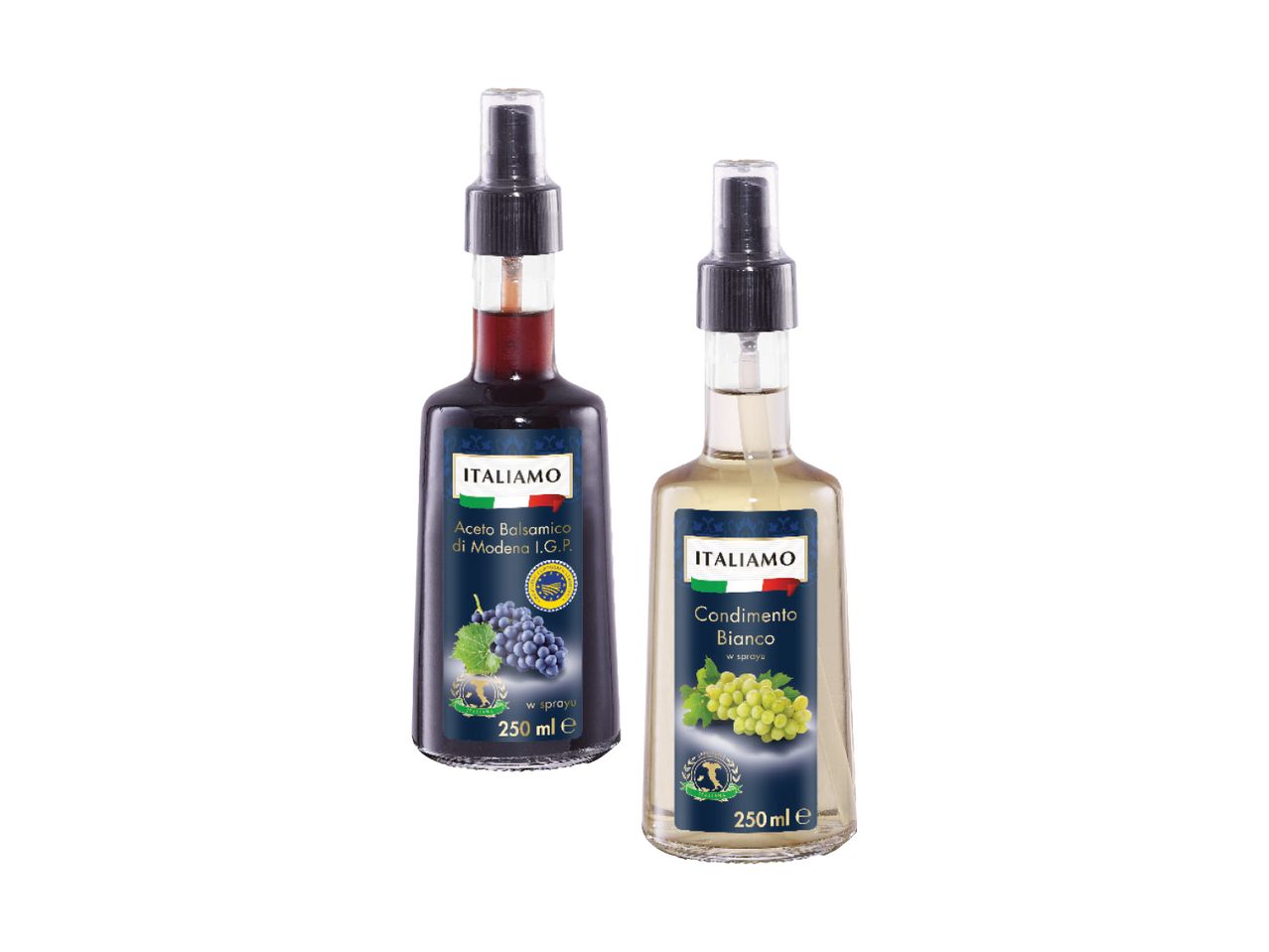 Dvi „Italiamo“ balzamiko acto purškimo buteliukai: tamsus „Aceto Balsamico di Modena I.G.P.“ ir šviesus „Condimento Bianco“.