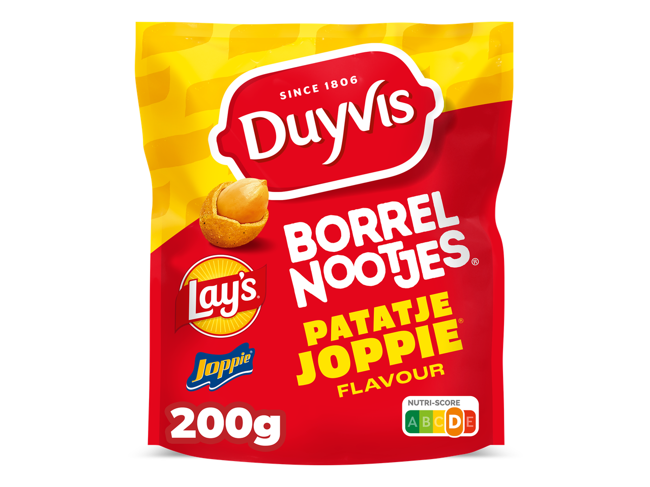 Een zak borrelnootjes met patatje joppiesmaak, 200 gram.
