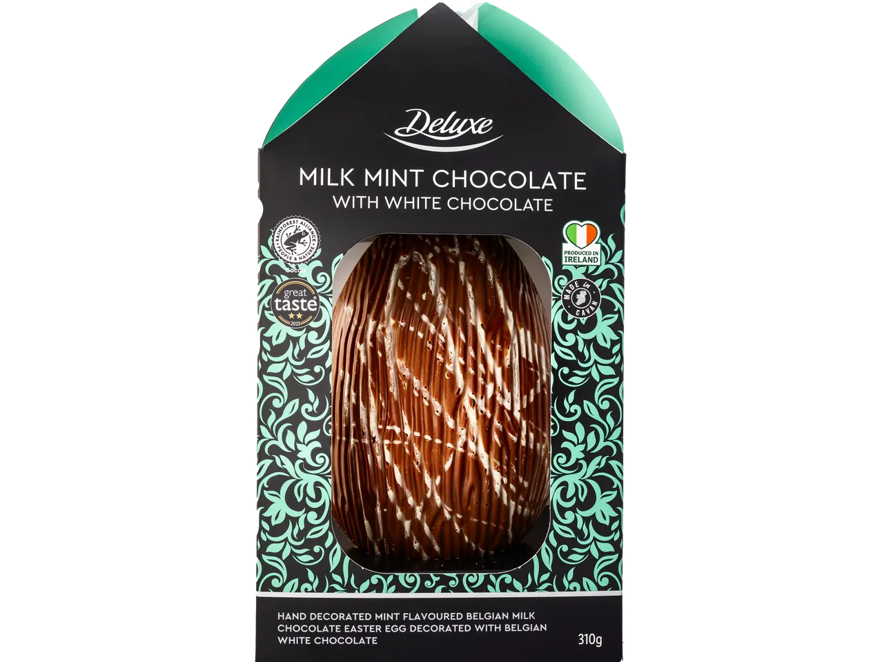 Deluxe milk chocolate mint Easter egg with white chocolate.