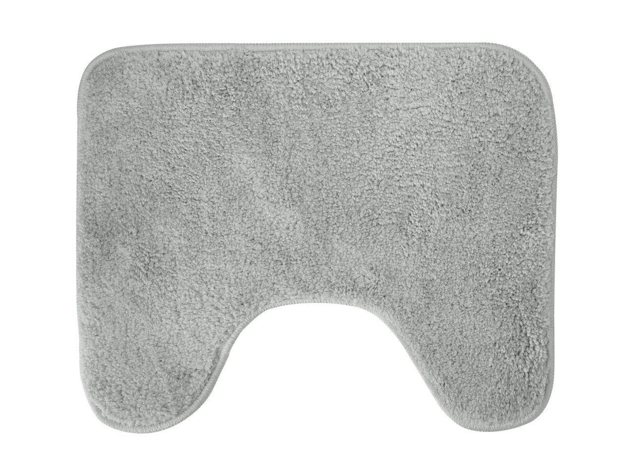 Light grey bath mat with a U-shaped cut-out for a toilet base.