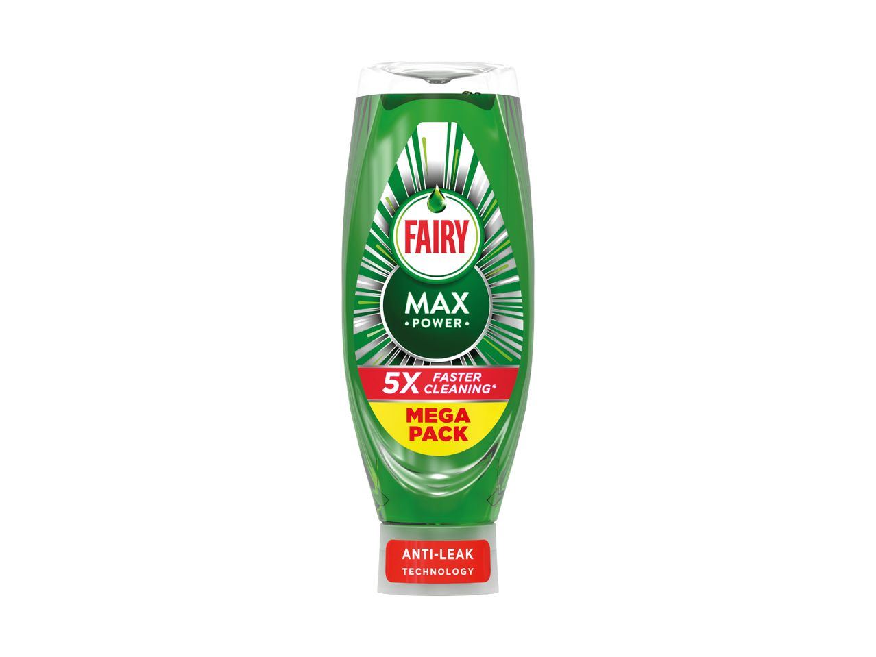 Green dishwashing liquid bottle with text 'MAX POWER', '5X FASTER CLEANING', 'MEGA PACK', and 'ANTI-LEAK TECHNOLOGY'.