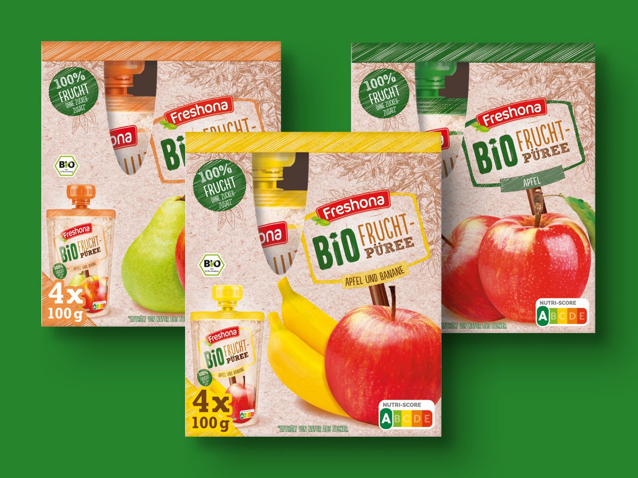 Freshaona Bio Fruchtpüree: Apfel, Birne, Banane; 4x 100g.