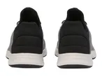 Pair of black and grey athletic shoes, rear view.