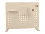 Beige pegboard with a shelf, a container, and two hooks, ideal for organizing tools or crafts.