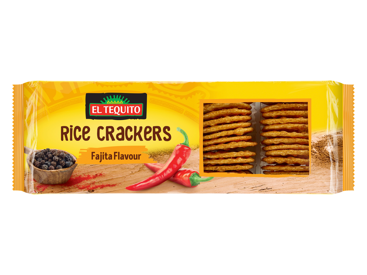 El Tequito rijstcrackers met fajitasmaak, met chilipepers en zwarte peper.