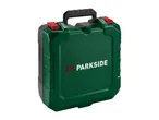 Green and black tool case with red latches and a black handle, featuring a textured surface.