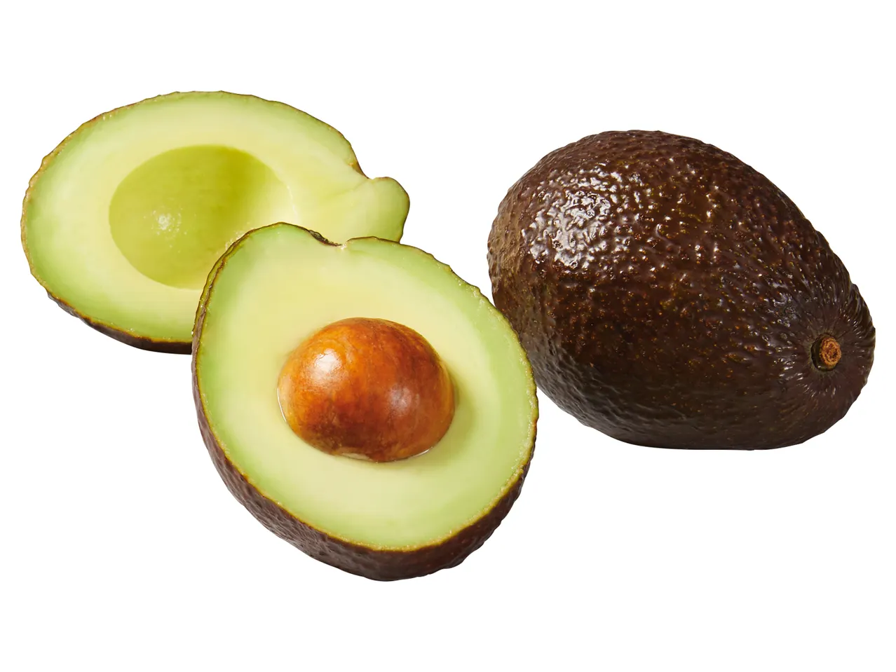 Avocados: eine ganze und zwei Hälften.