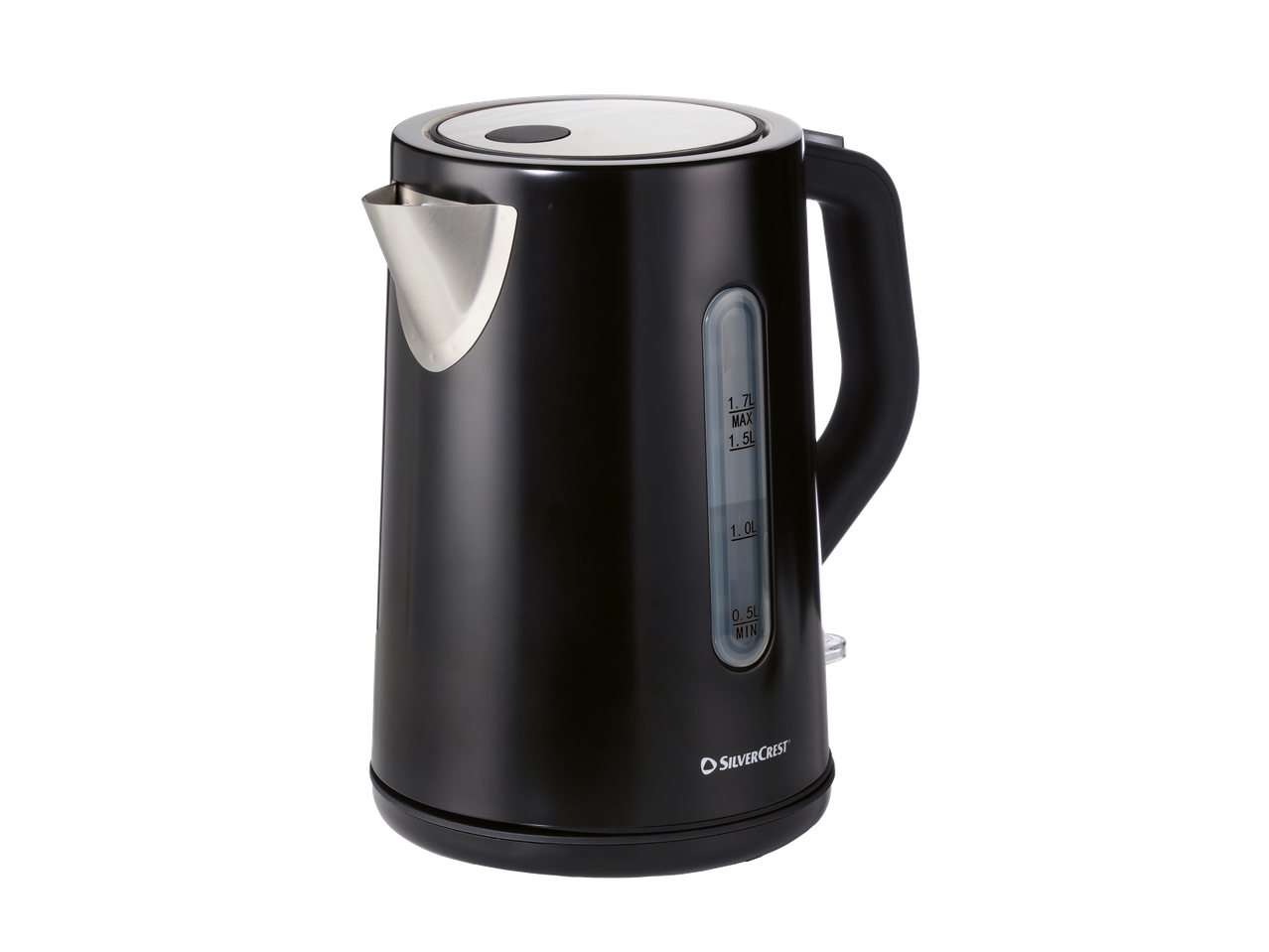 Melna elektriskā tējkanna ar ūdens līmeņa indikatoru un sudraba snīpi